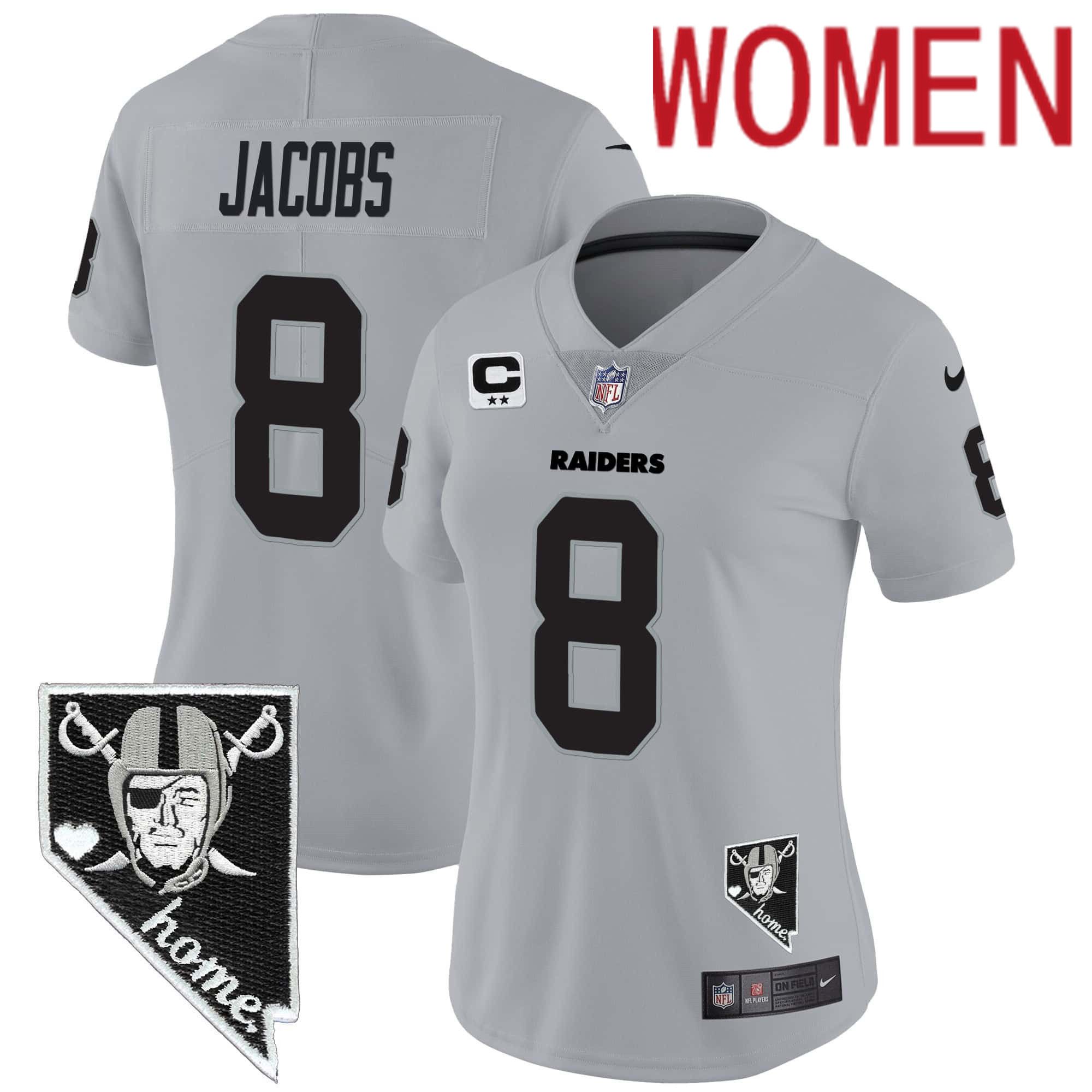 Women Oakland Raiders #8 Jacobs Grey 2024 Nike Nevada Home Patch Vapor NFL Jersey